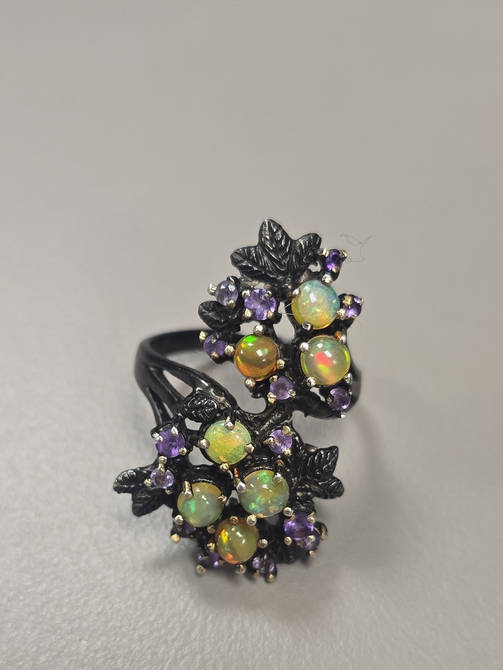 Silver Black Floral Cocktail Cluster Ring with Opal and Amethyst Stones-size 8